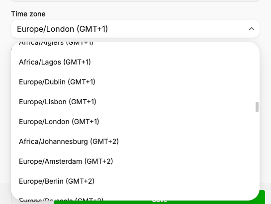 The Time zone list, showing time zones with their GMT offsets