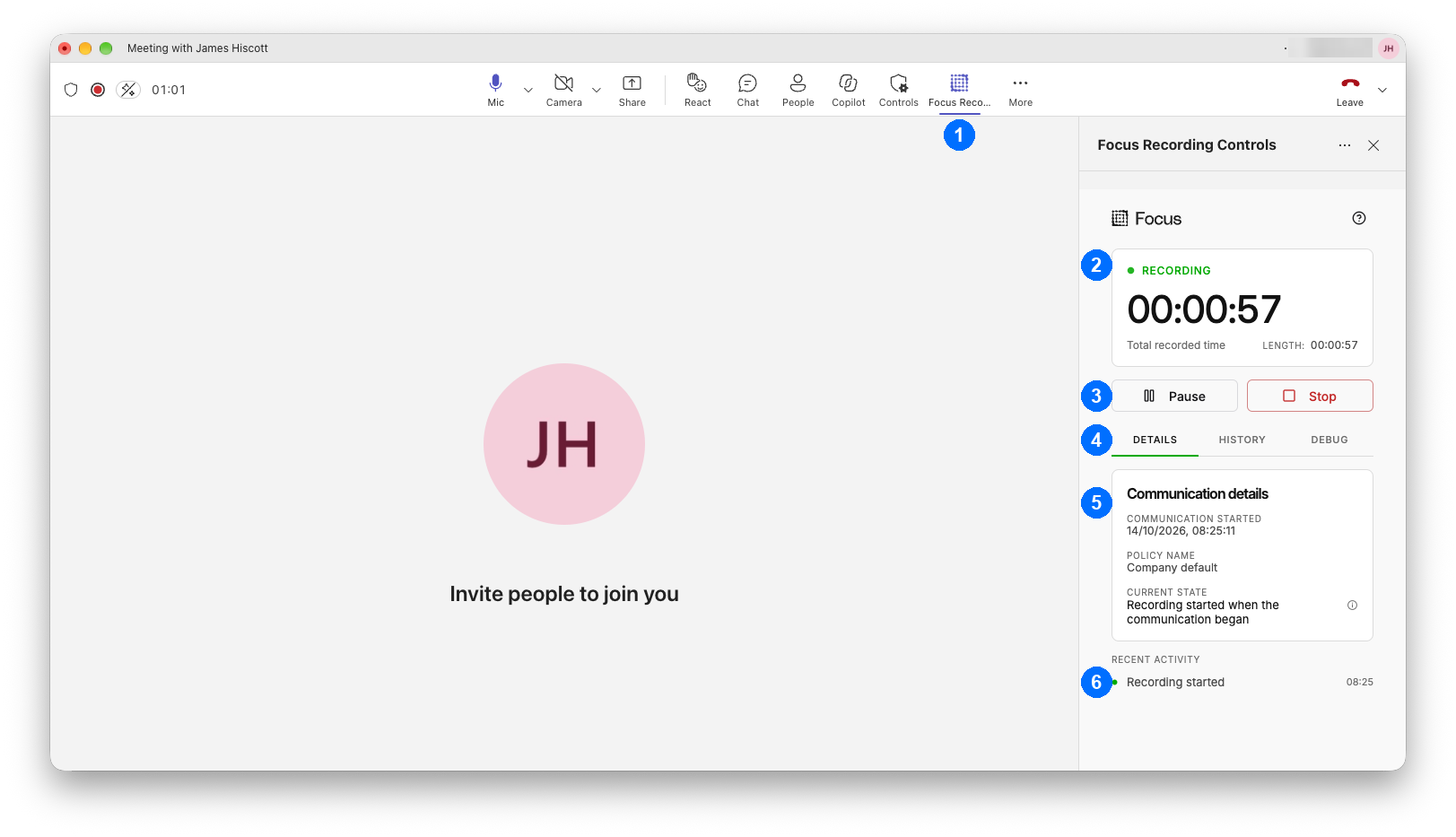Focus Recording Controls open in the side panel of a Teams meeting
